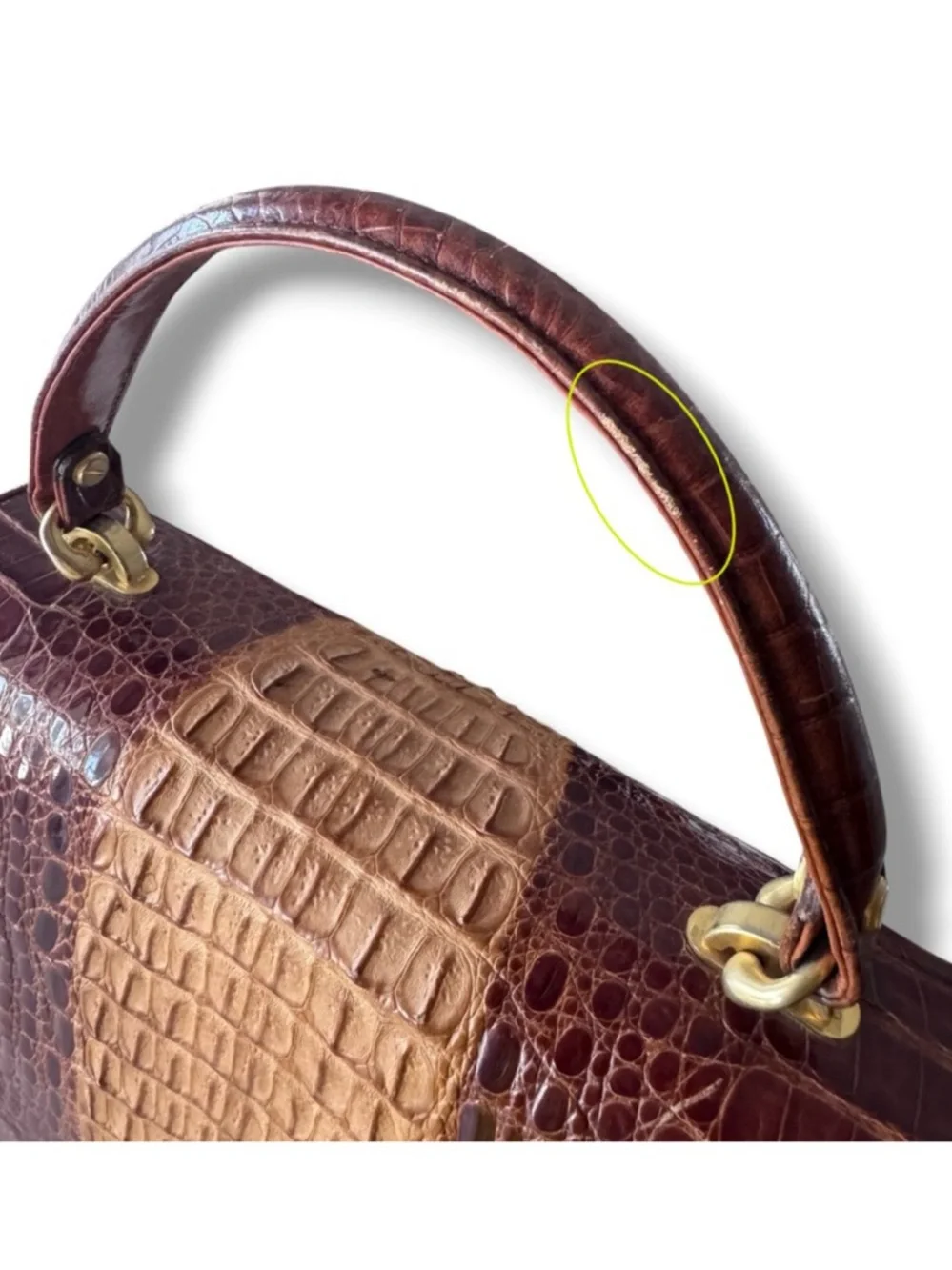 Vintage Genuine Crocodile Two-Tone Brown Top Handle Satchel Gold-Tone Hardware